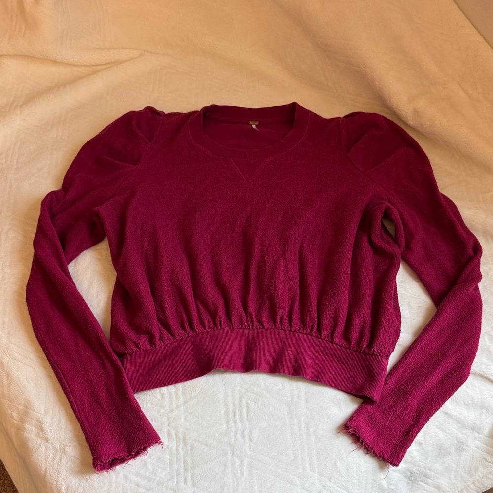 Free People Cropped Puff Sleeve Sweater - Berry